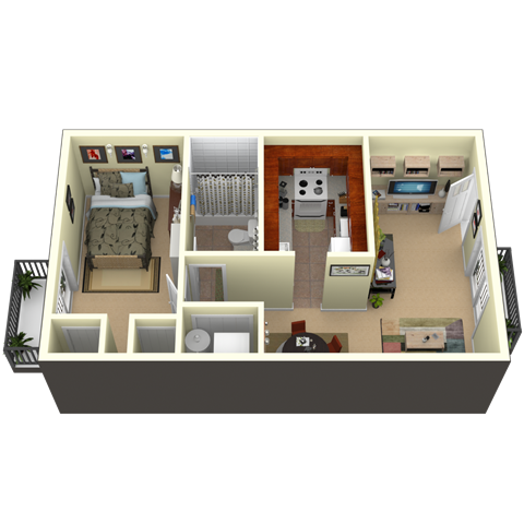 Floor plan for 1 bed, 1 bath, 600 sqft